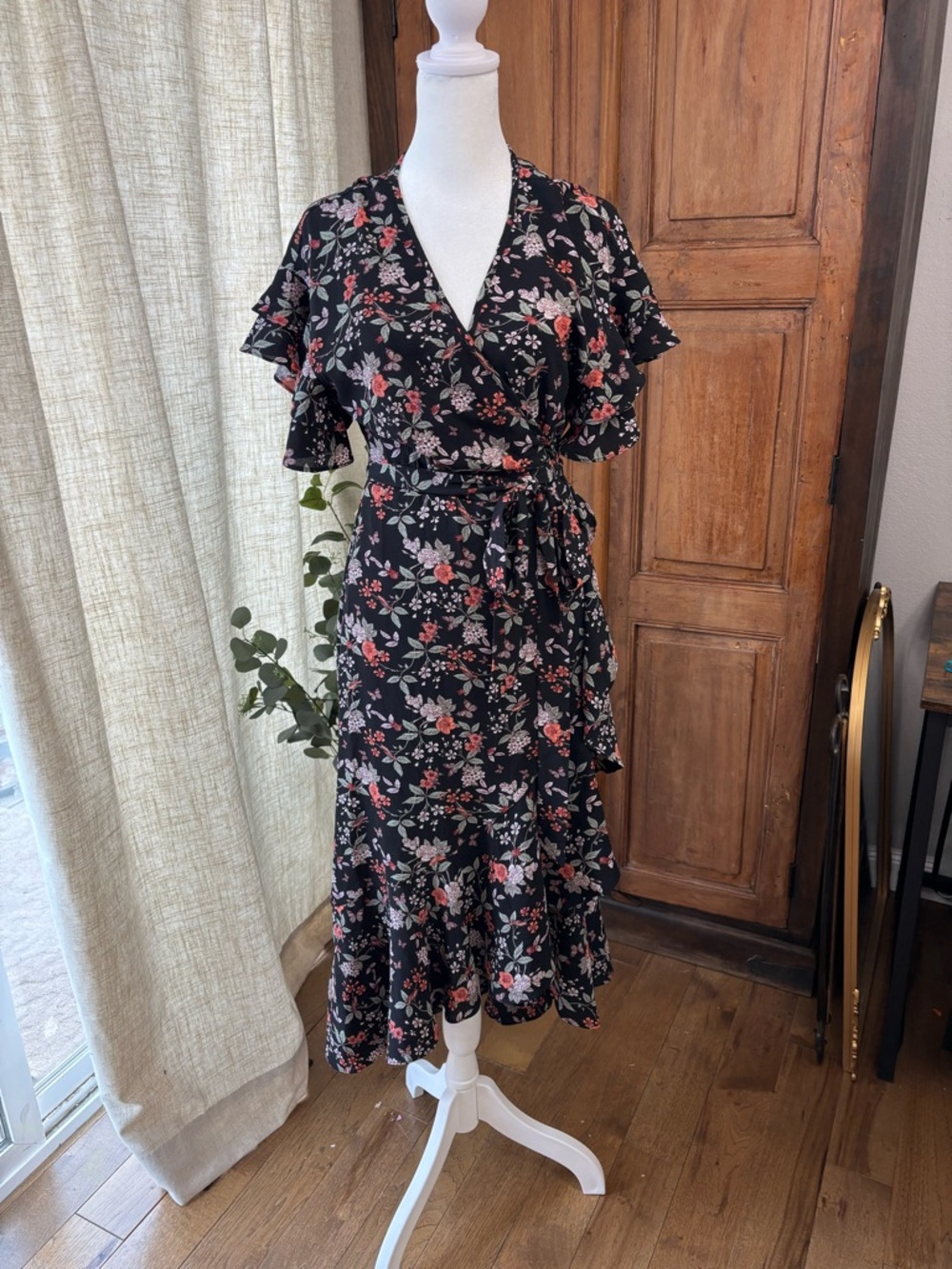 Max Studio Black Floral Wrap Midi Dress with Pink and Cream Blooms